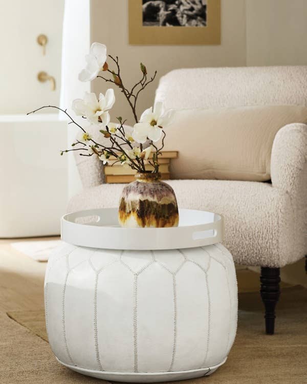 Moroccan Leather Foot Stool Ottoman, Handmade Pouf - Blue