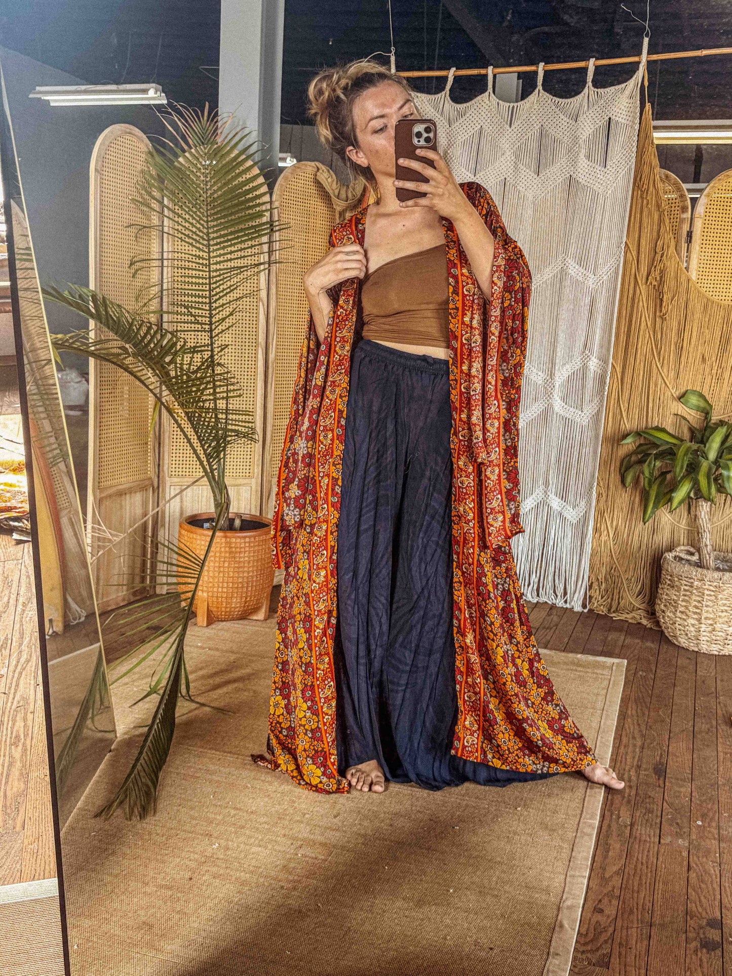 BOHO Silk Bell Sleeve Long Maxi Kimono Duster Cardigan: Red Flower/Flower Child