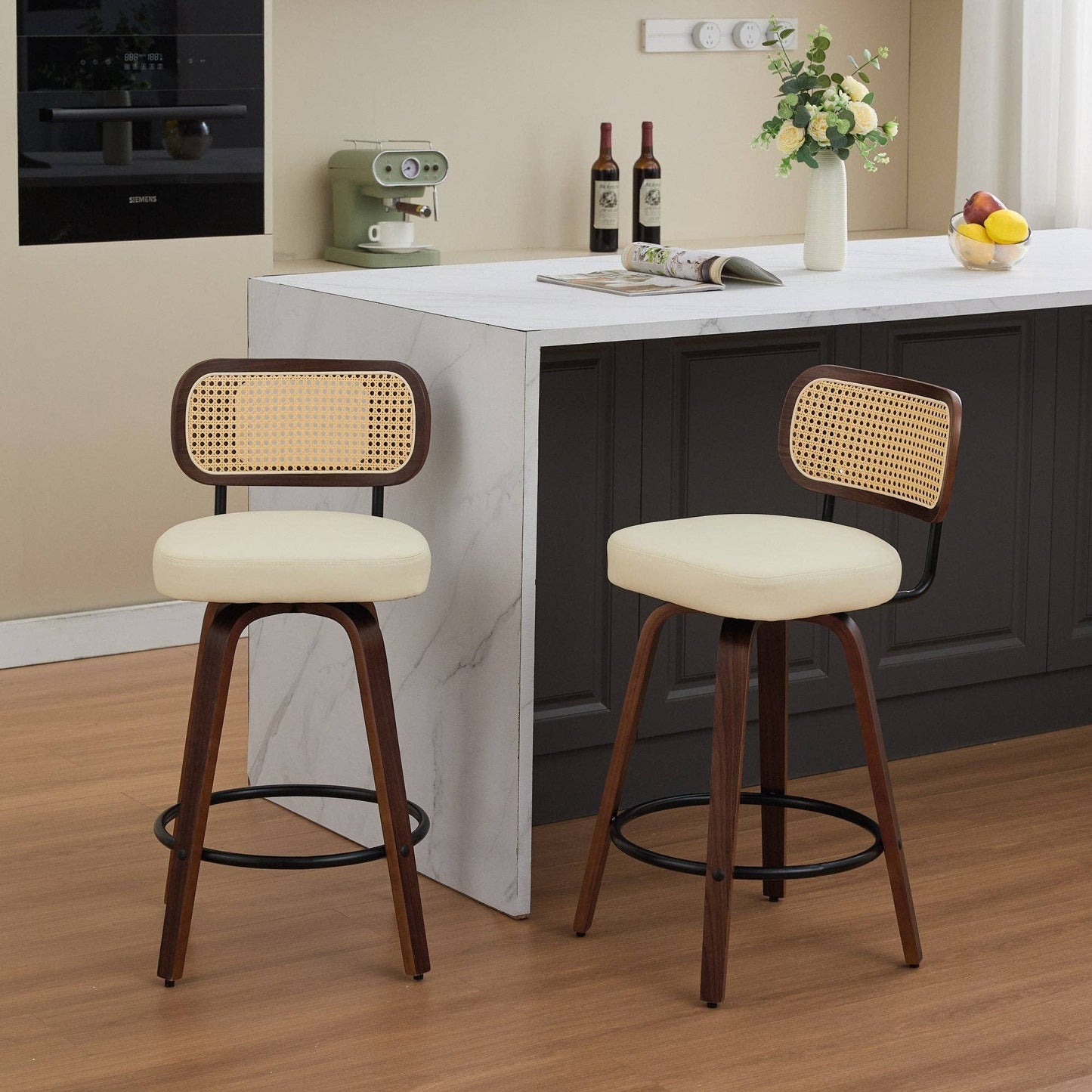 Set of 2 Beige 26 Inch Rattan Back Bar Stools Walnut: Default