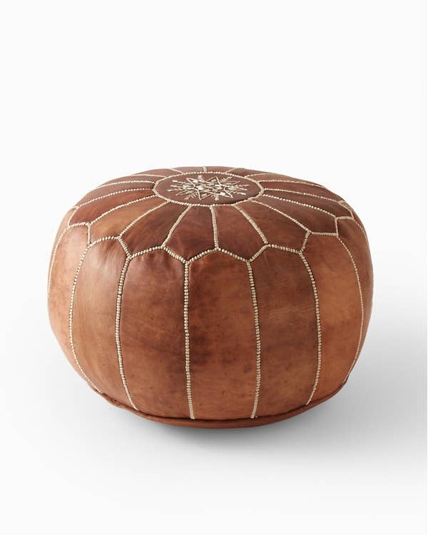 Moroccan Leather Foot Stool Ottoman, Handmade Pouf - Blue
