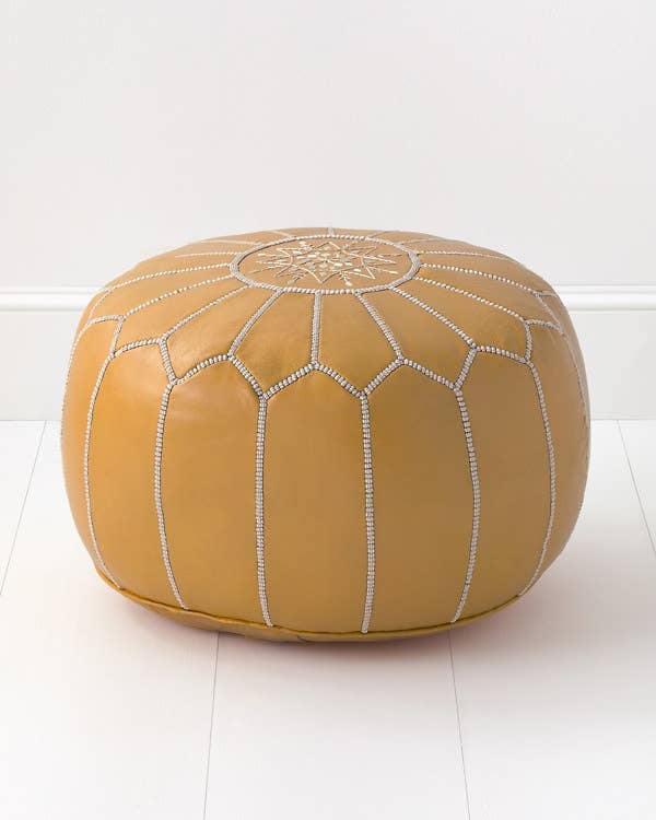 Moroccan Leather Foot Stool Ottoman, Handmade Pouf - Blue