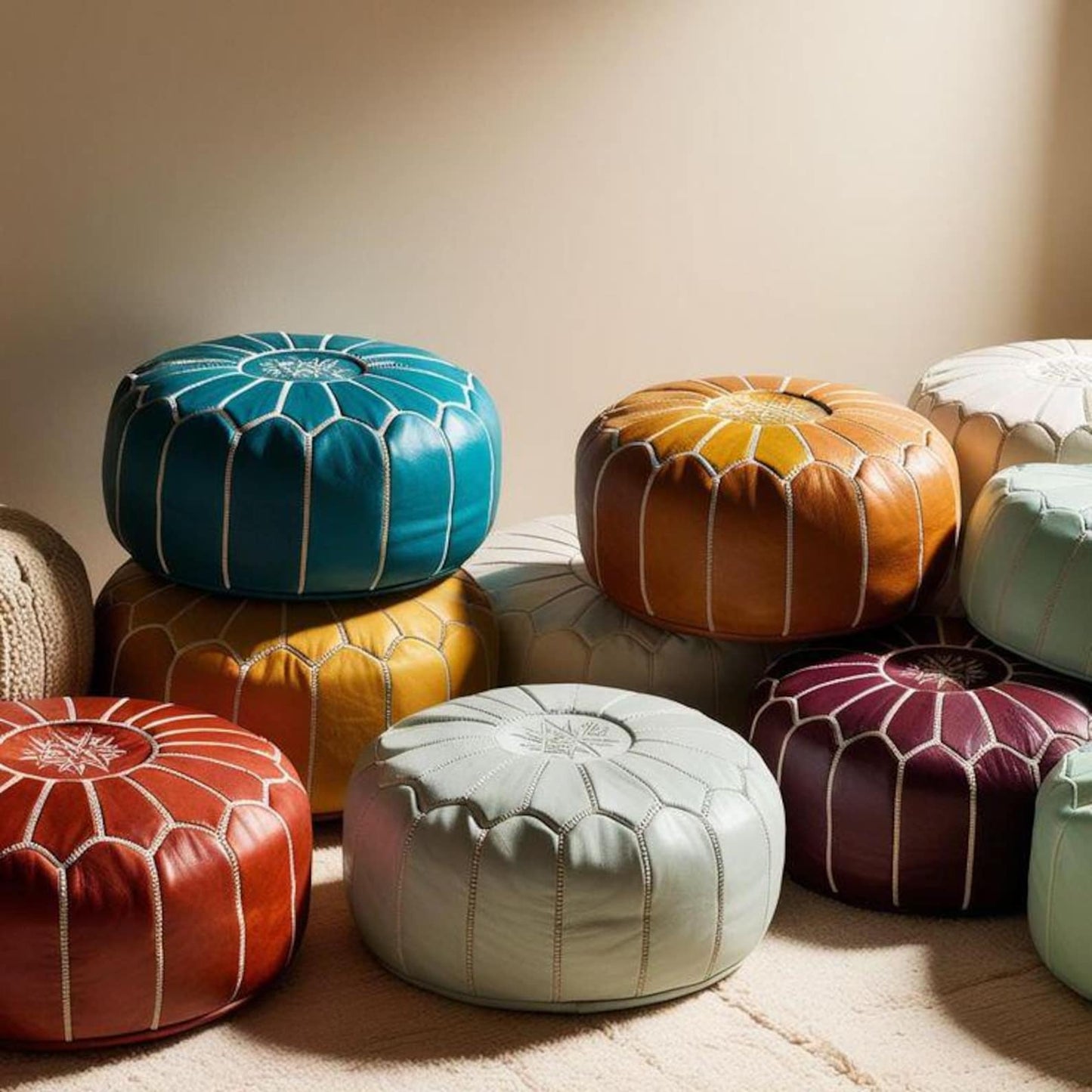 Moroccan Ottoman pouf - Handmade Leather Pouf: Natural