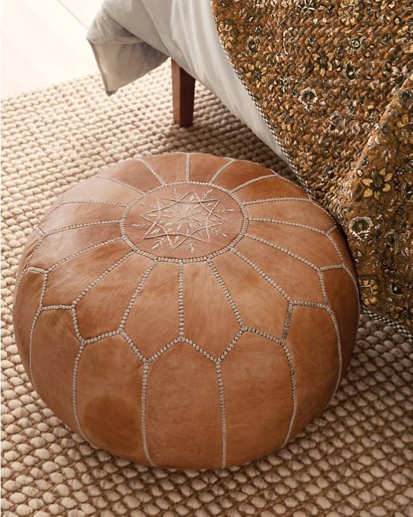 Moroccan Leather Foot Stool Ottoman, Handmade Pouf - Blue