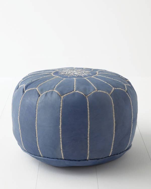 Moroccan Leather Foot Stool Ottoman, Handmade Pouf - Blue