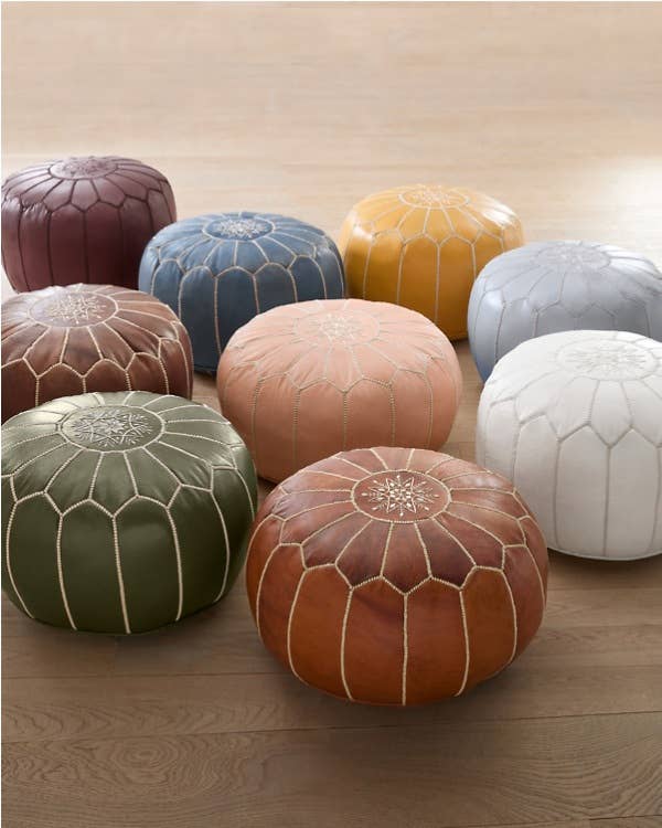 Moroccan Leather Foot Stool Ottoman, Handmade Pouf - Blue