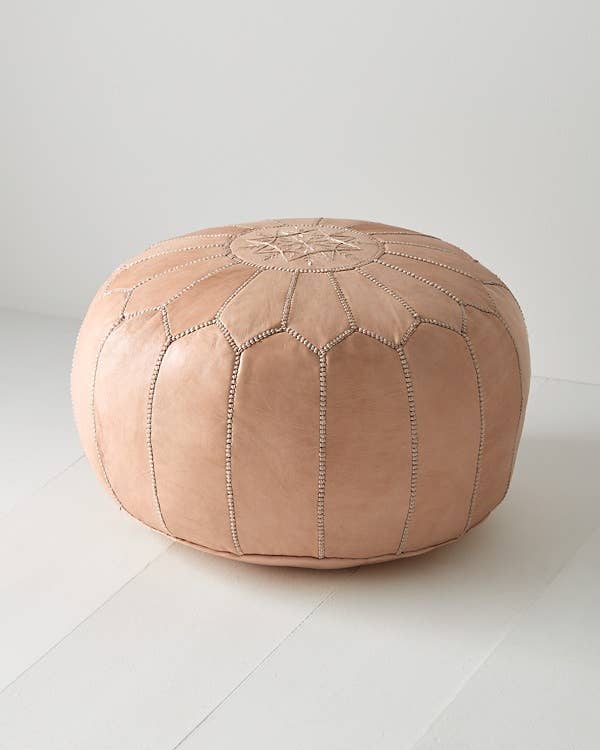 Moroccan Leather Foot Stool Ottoman, Handmade Pouf - Blue