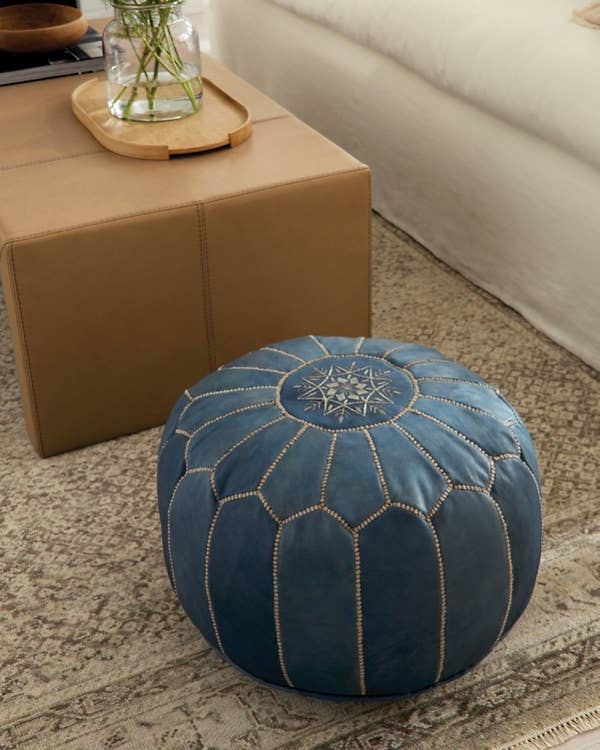 Moroccan Leather Foot Stool Ottoman, Handmade Pouf - Blue