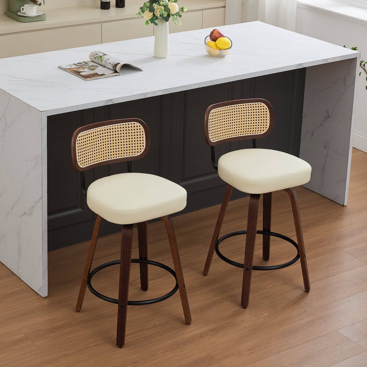 Set of 2 Beige 26 Inch Rattan Back Bar Stools Walnut: Default