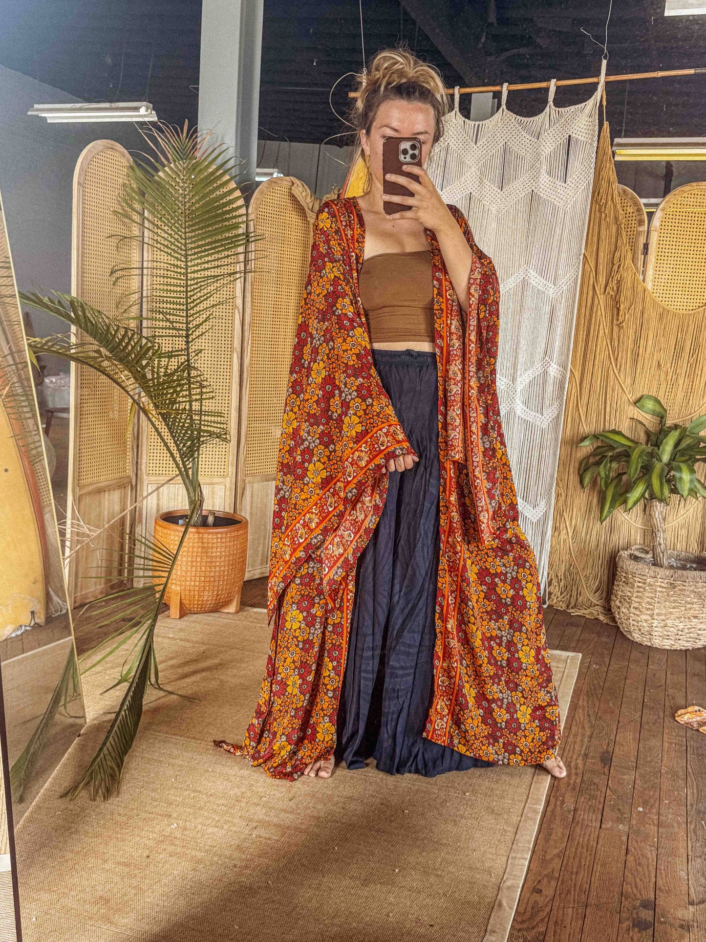 BOHO Silk Bell Sleeve Long Maxi Kimono Duster Cardigan: Red Flower/Flower Child
