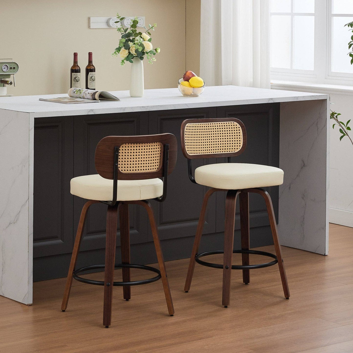 Set of 2 Beige 26 Inch Rattan Back Bar Stools Walnut: Default