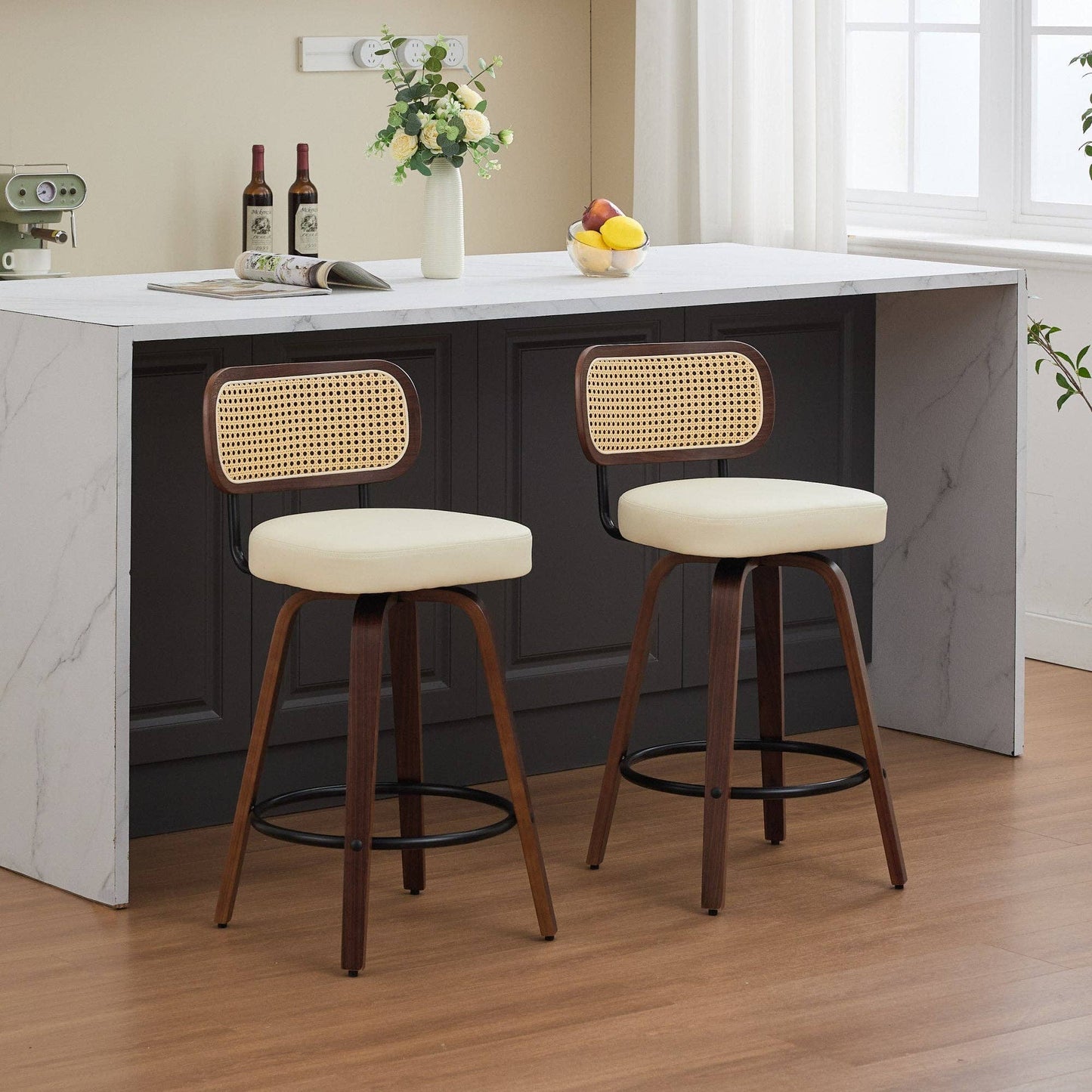 Set of 2 Beige 26 Inch Rattan Back Bar Stools Walnut: Default