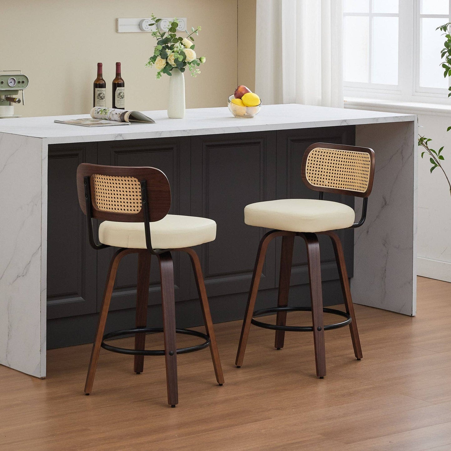 Set of 2 Beige 26 Inch Rattan Back Bar Stools Walnut: Default