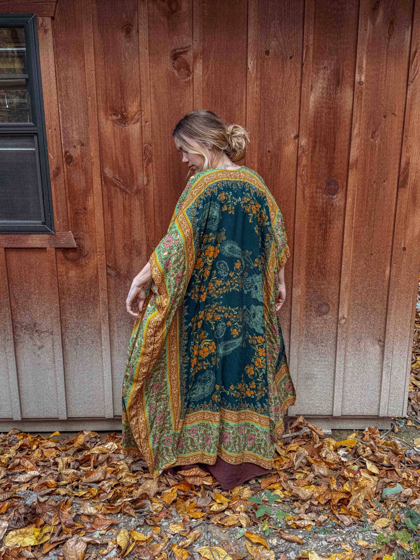 Fall Printed Long Duster Kimono, Floral Long Open Kimono: Ponderosa Pine