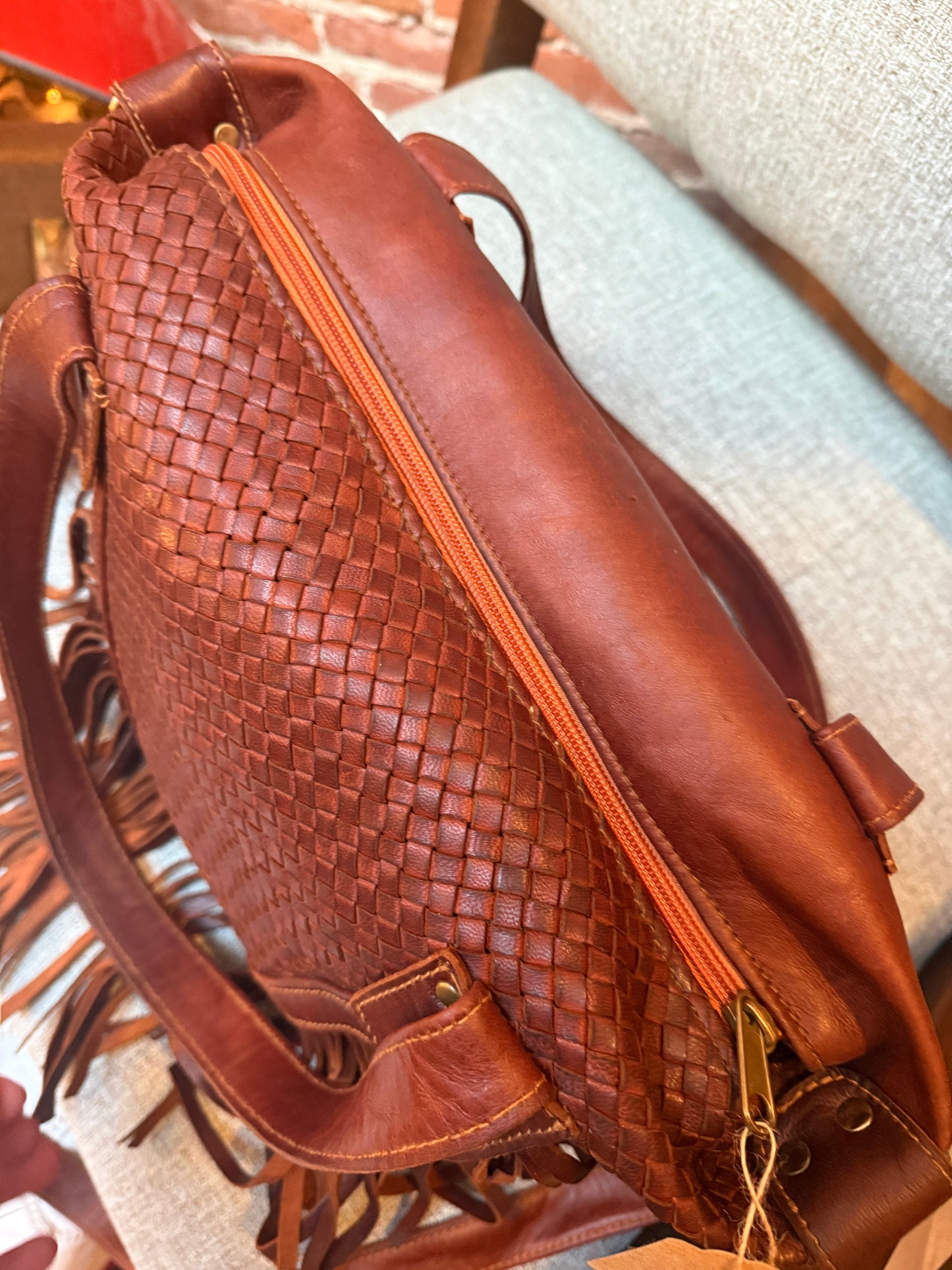 Woven Fringe Leather Bag from Morocco - No. BAG154