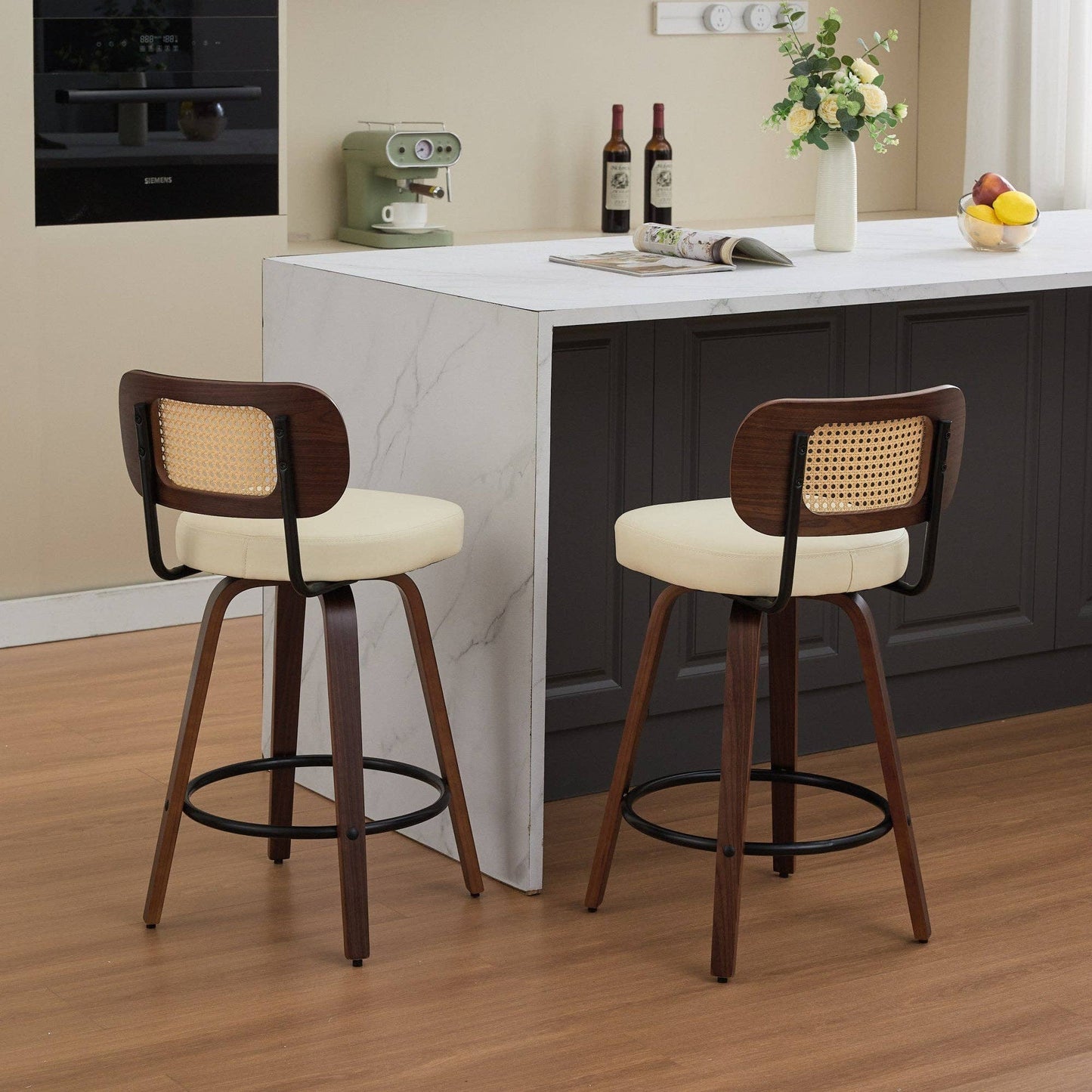 Set of 2 Beige 26 Inch Rattan Back Bar Stools Walnut: Default