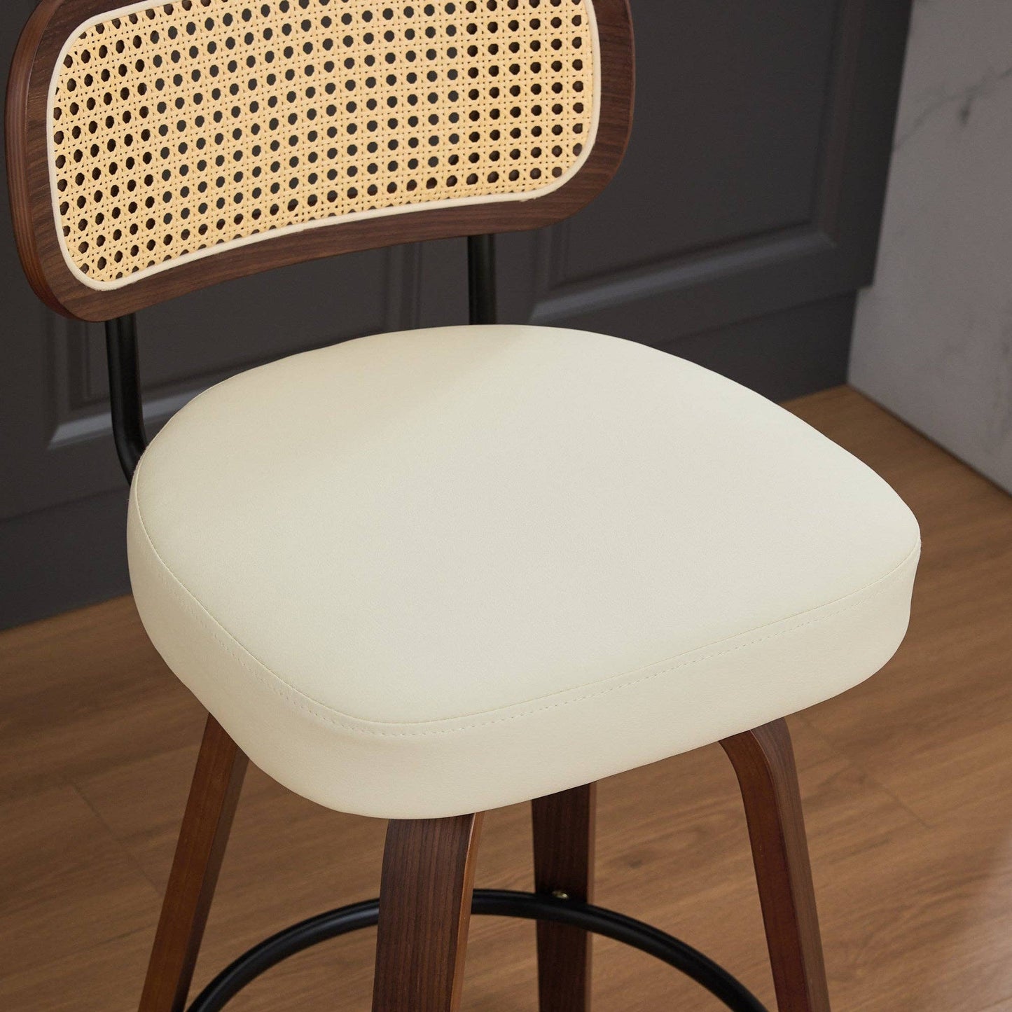 Set of 2 Beige 26 Inch Rattan Back Bar Stools Walnut: Default