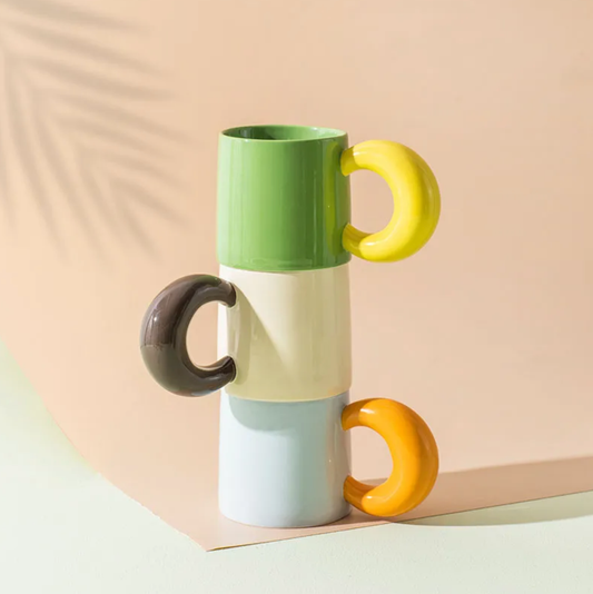 Ceramic Coffee Mug with Curved Moon Handle: Beige
