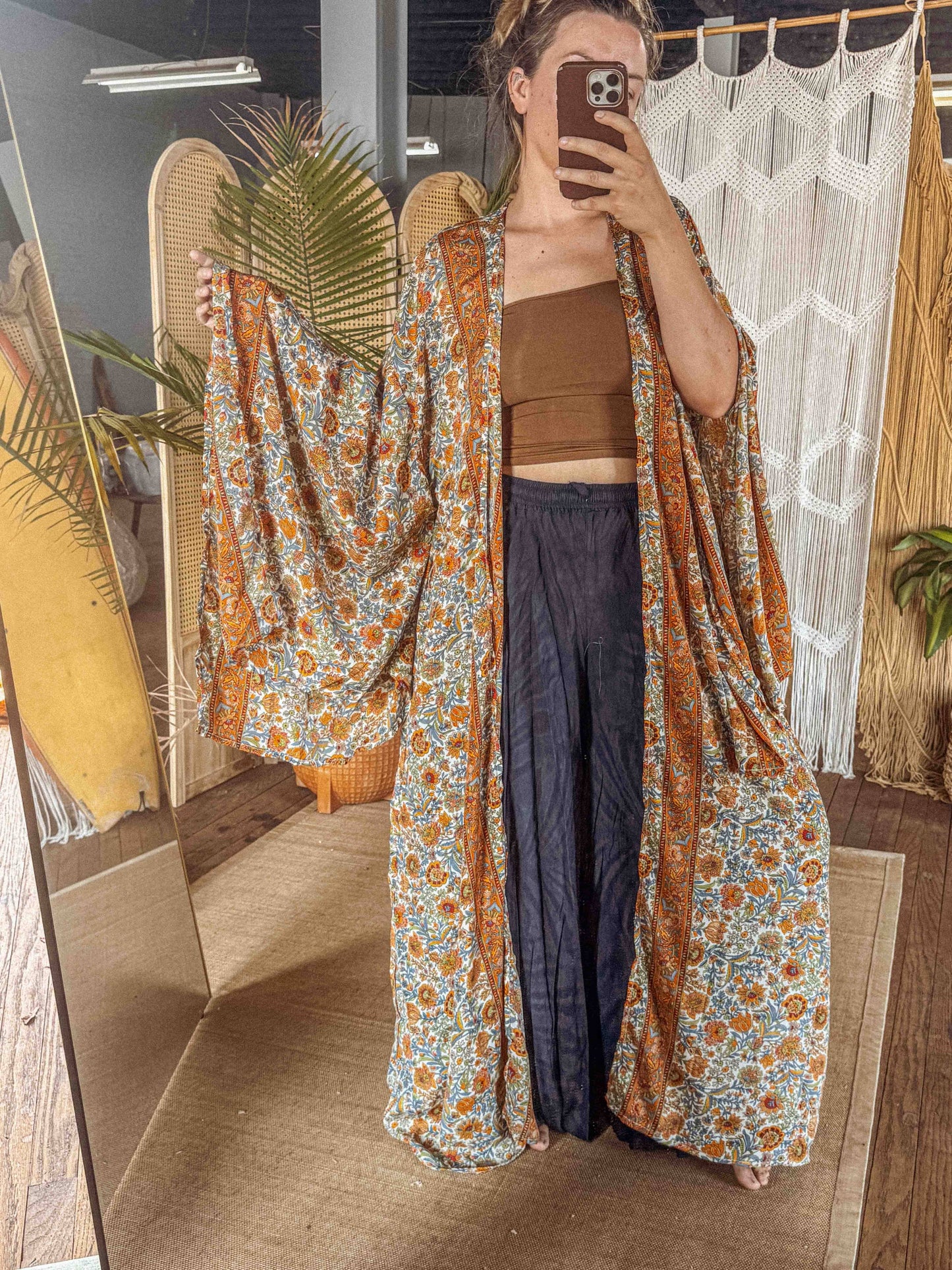 BOHO Silk Bell Sleeve Long Maxi Kimono Duster Cardigan: Orange/Cream Lyla