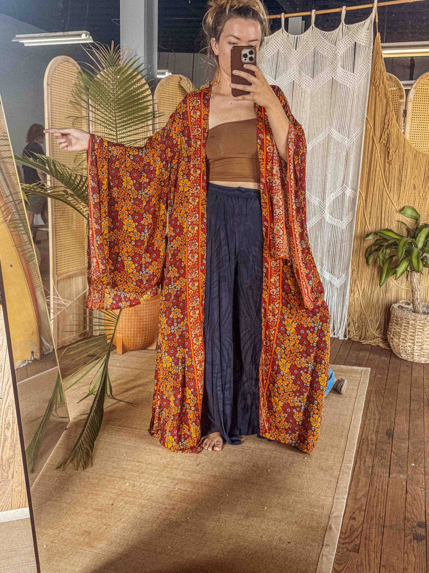 BOHO Silk Bell Sleeve Long Maxi Kimono Duster Cardigan: Red Flower/Flower Child