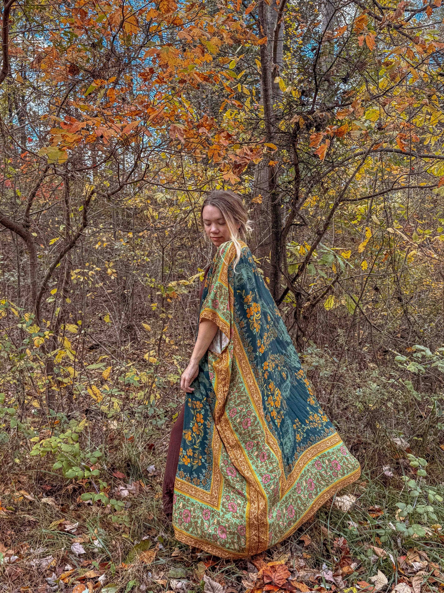 Fall Printed Long Duster Kimono, Floral Long Open Kimono: Ponderosa Pine