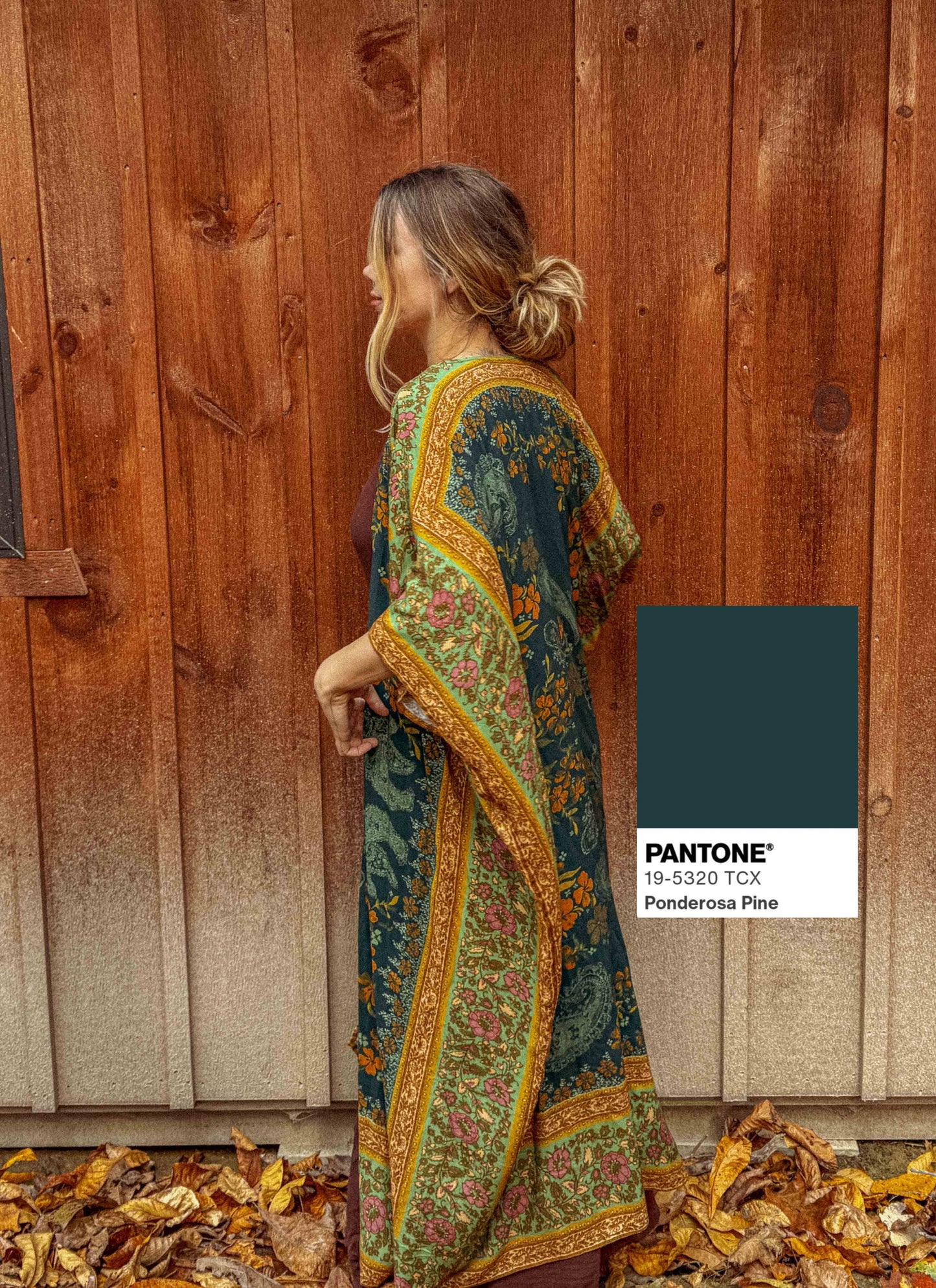 Fall Printed Long Duster Kimono, Floral Long Open Kimono: Ponderosa Pine