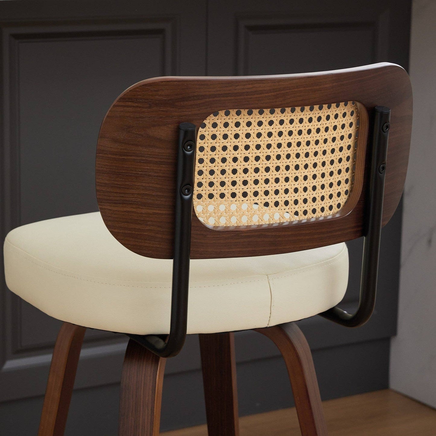 Set of 2 Beige 26 Inch Rattan Back Bar Stools Walnut: Default