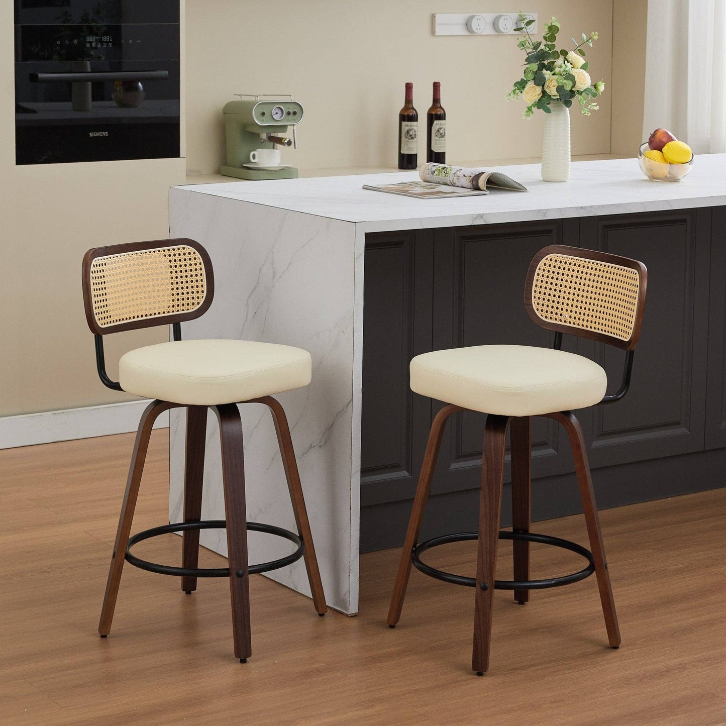 Set of 2 Beige 26 Inch Rattan Back Bar Stools Walnut: Default