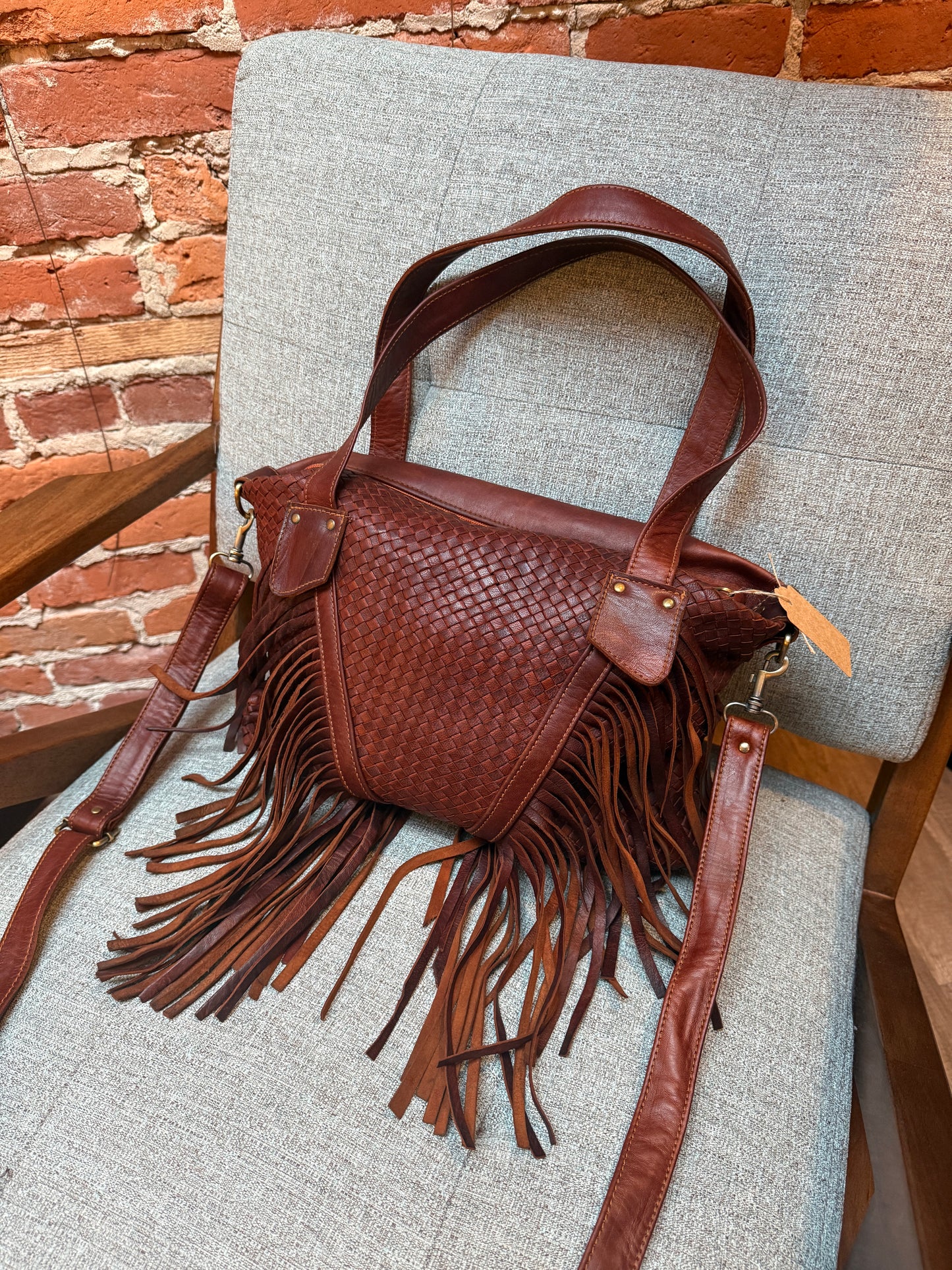 Woven Fringe Leather Bag from Morocco - No. BAG154