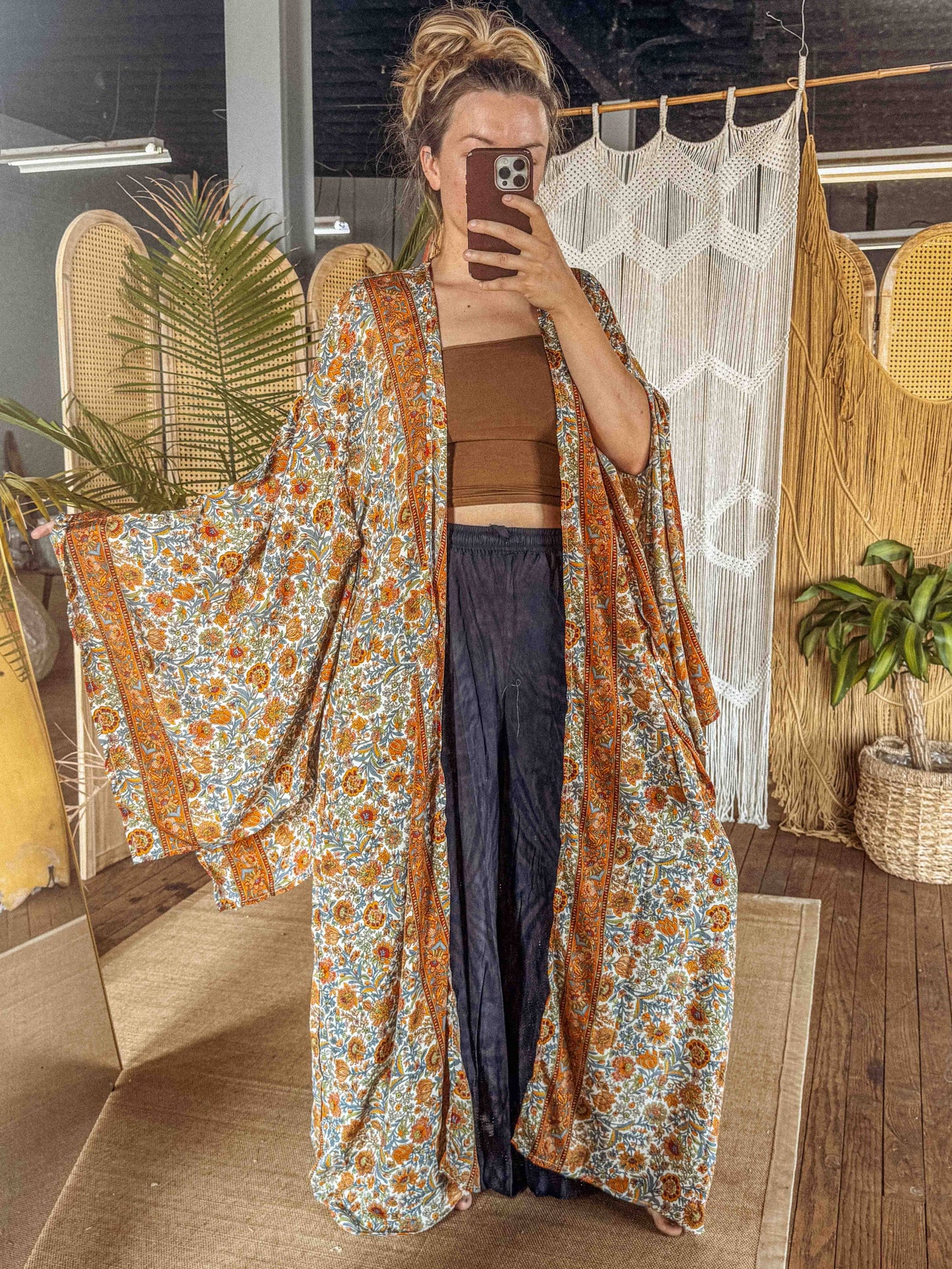 BOHO Silk Bell Sleeve Long Maxi Kimono Duster Cardigan: Orange/Cream Lyla