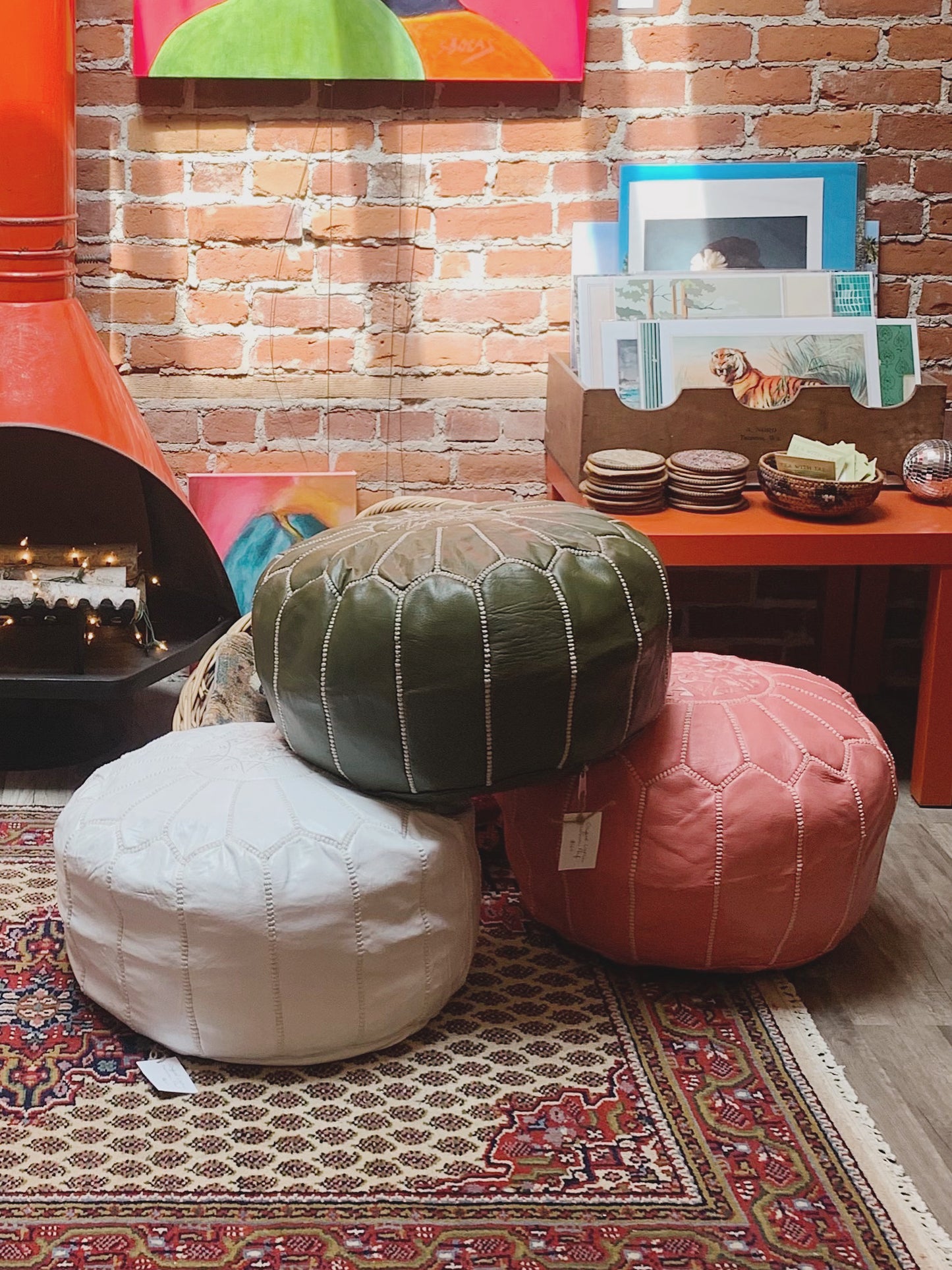 Moroccan Leather Foot Stool Ottoman, Handmade Pouf - White
