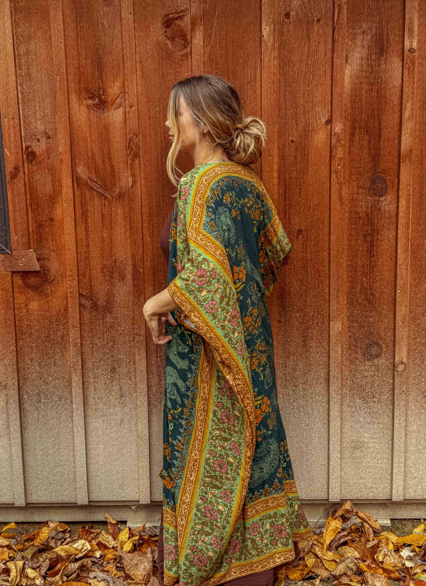 Fall Printed Long Duster Kimono, Floral Long Open Kimono: Ponderosa Pine