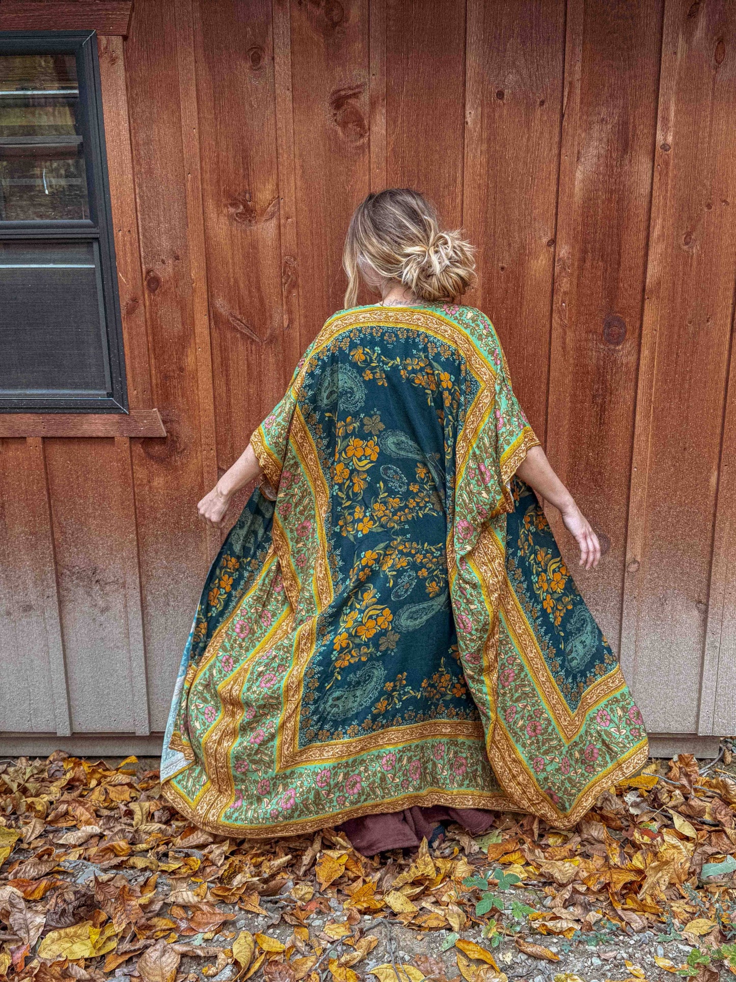 Fall Printed Long Duster Kimono, Floral Long Open Kimono: Ponderosa Pine