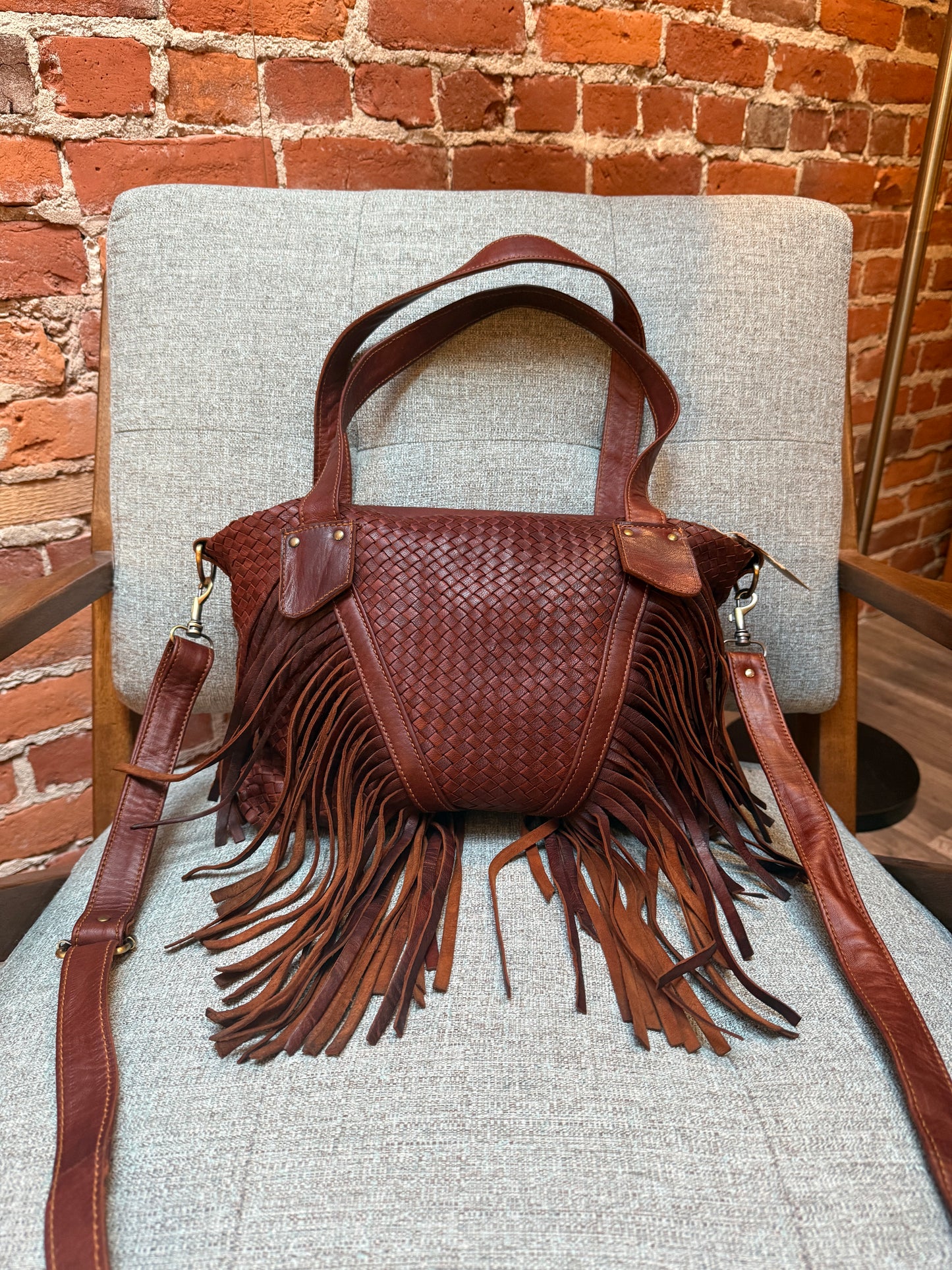 Woven Fringe Leather Bag from Morocco - No. BAG154