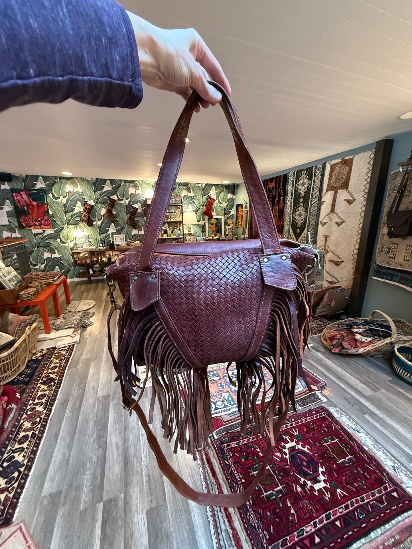 Woven Fringe Leather Bag from Morocco - No. BAG154