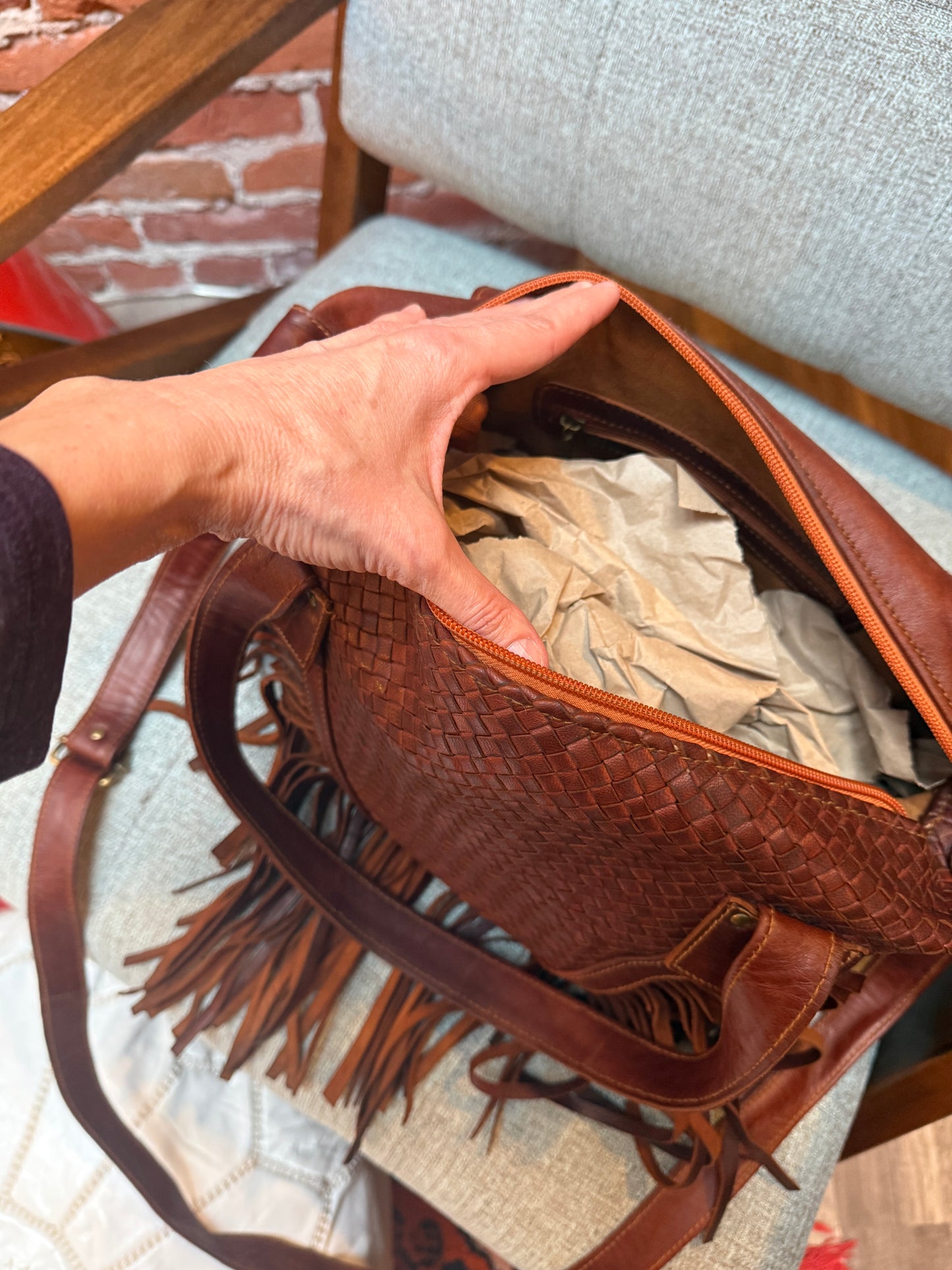 Woven Fringe Leather Bag from Morocco - No. BAG154