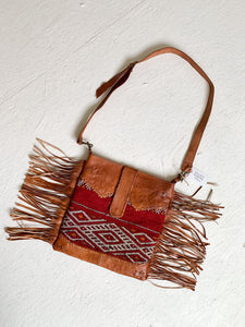 No. BAG 148 - Handmade Kilim Rug & Leather Shoulder Bag with Fringe