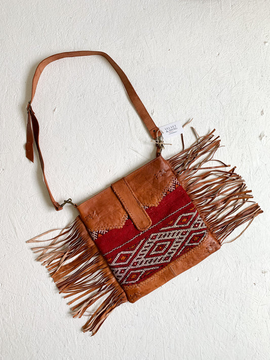 No. BAG 148 - Handmade Kilim Rug & Leather Shoulder Bag with Fringe