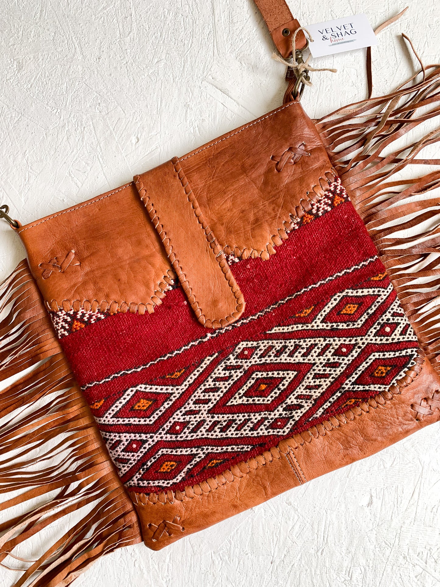 No. BAG 148 - Handmade Kilim Rug & Leather Shoulder Bag with Fringe