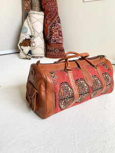 No. BAG 151 - Red Moroccan Handmade Rug & Leather Duffle Bag