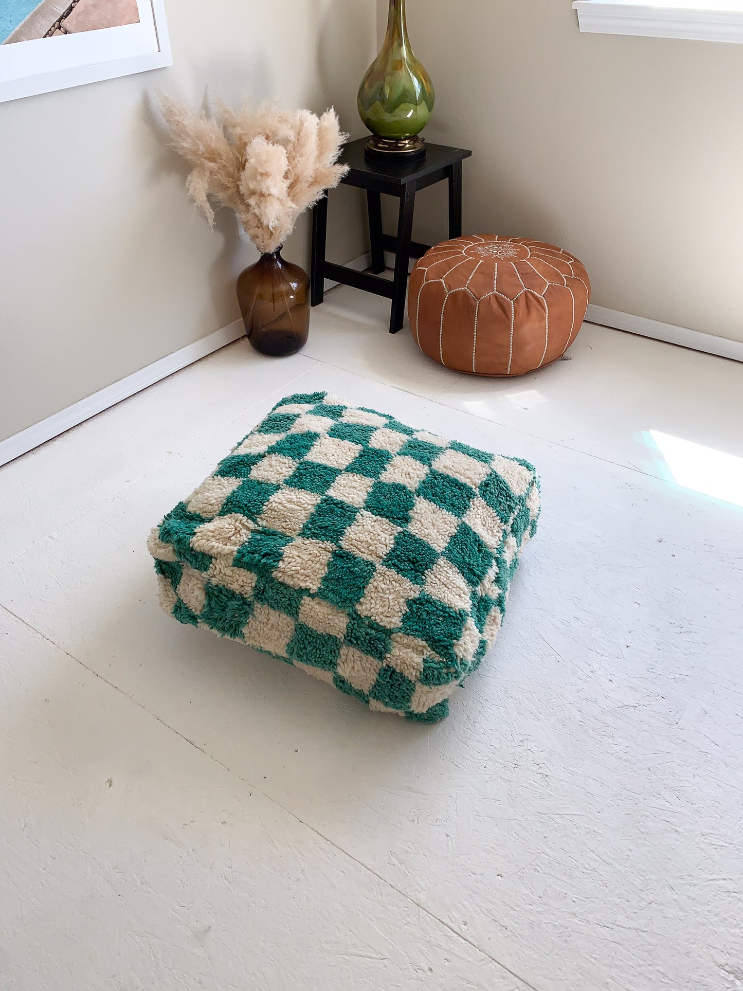 Teal Checkered Moroccan Rug Floor Pouf / Pet Bed