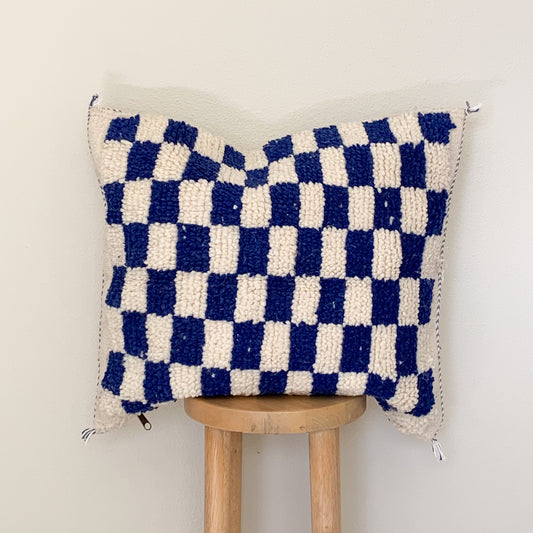 Blue Checkered Moroccan Rug Pillow Cover