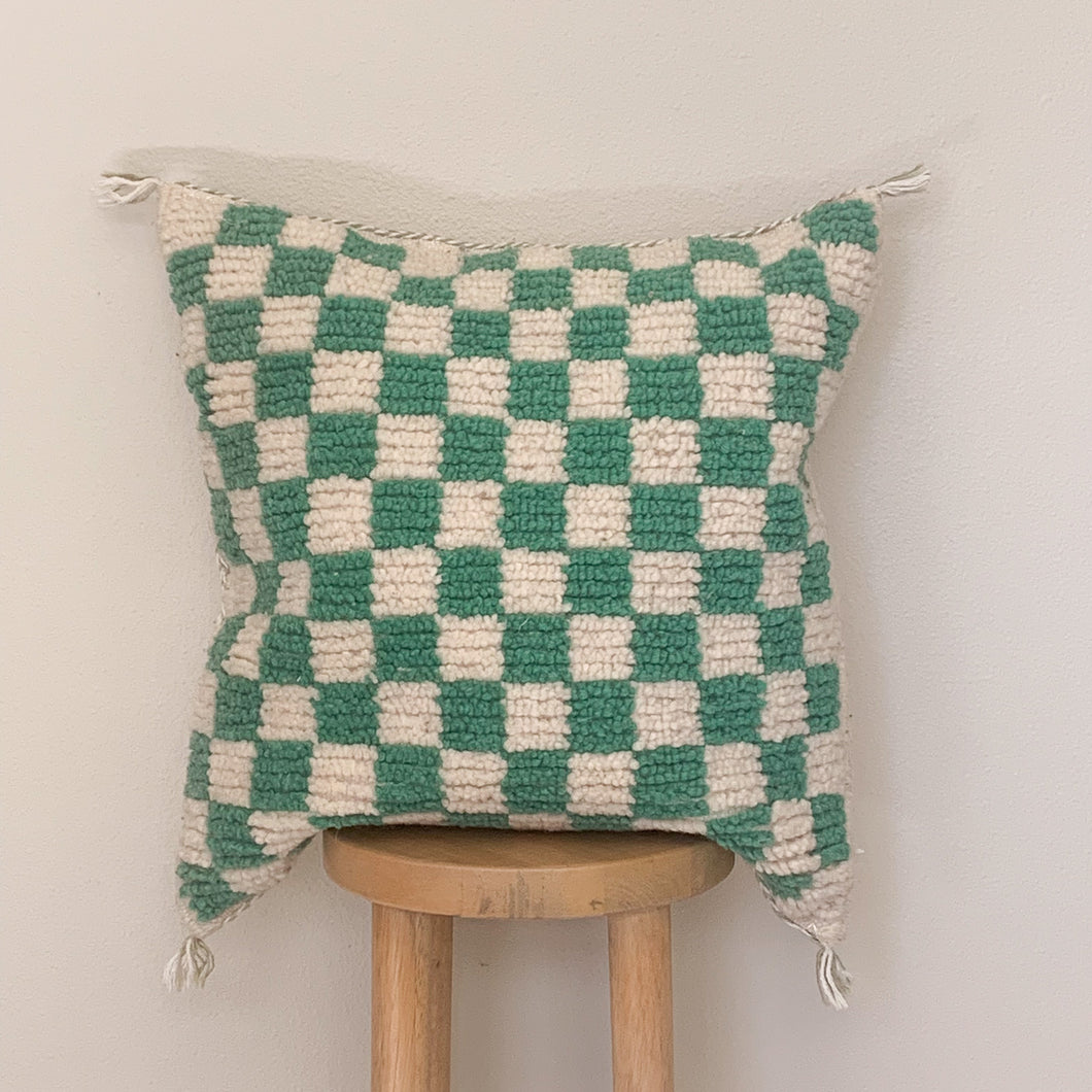 Teal Checkered Moroccan Rug Pillow Cover
