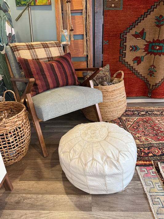 Moroccan Leather Foot Stool Ottoman, Handmade Pouf - White