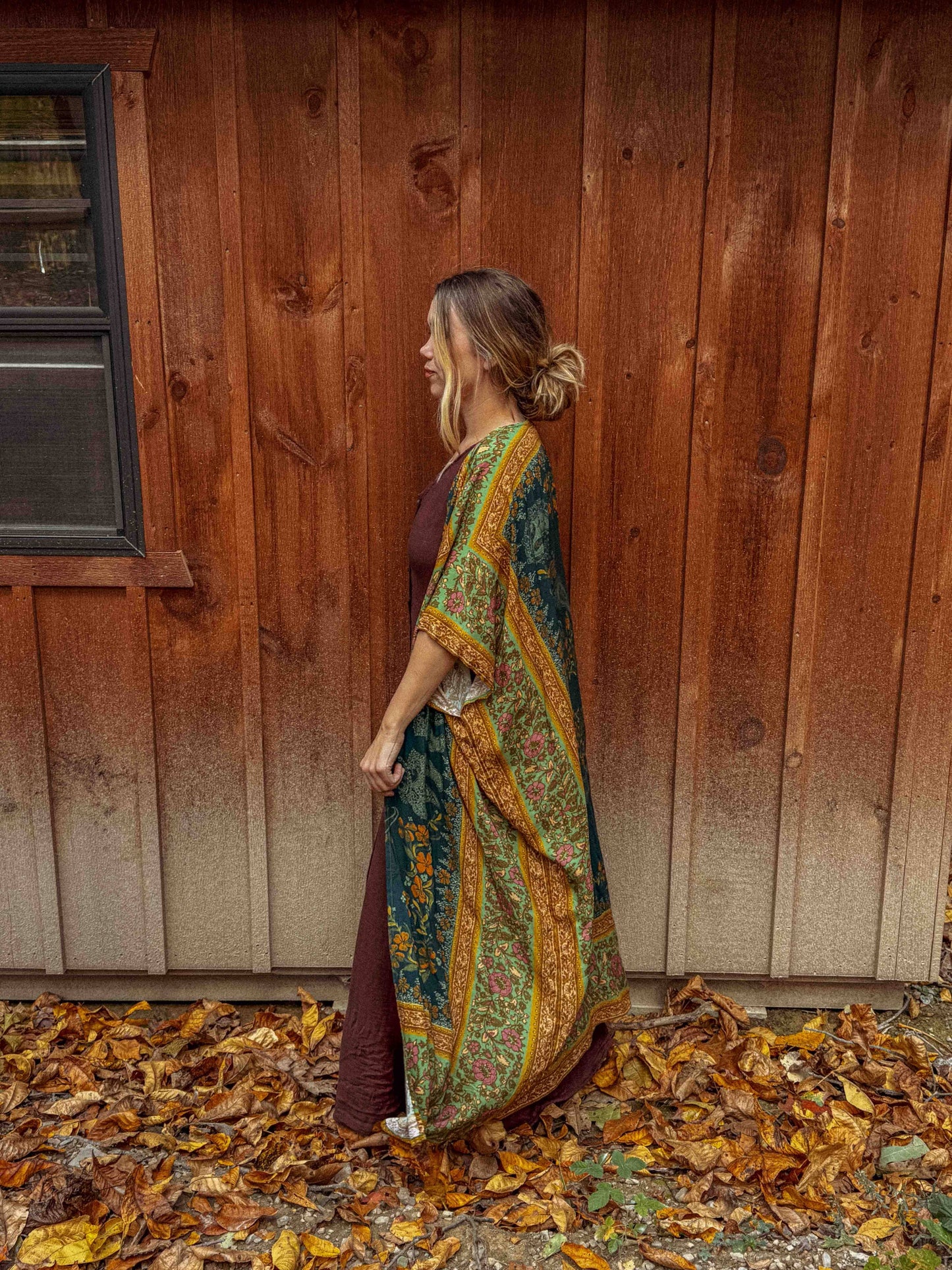 Fall Printed Long Duster Kimono, Floral Long Open Kimono: Ponderosa Pine