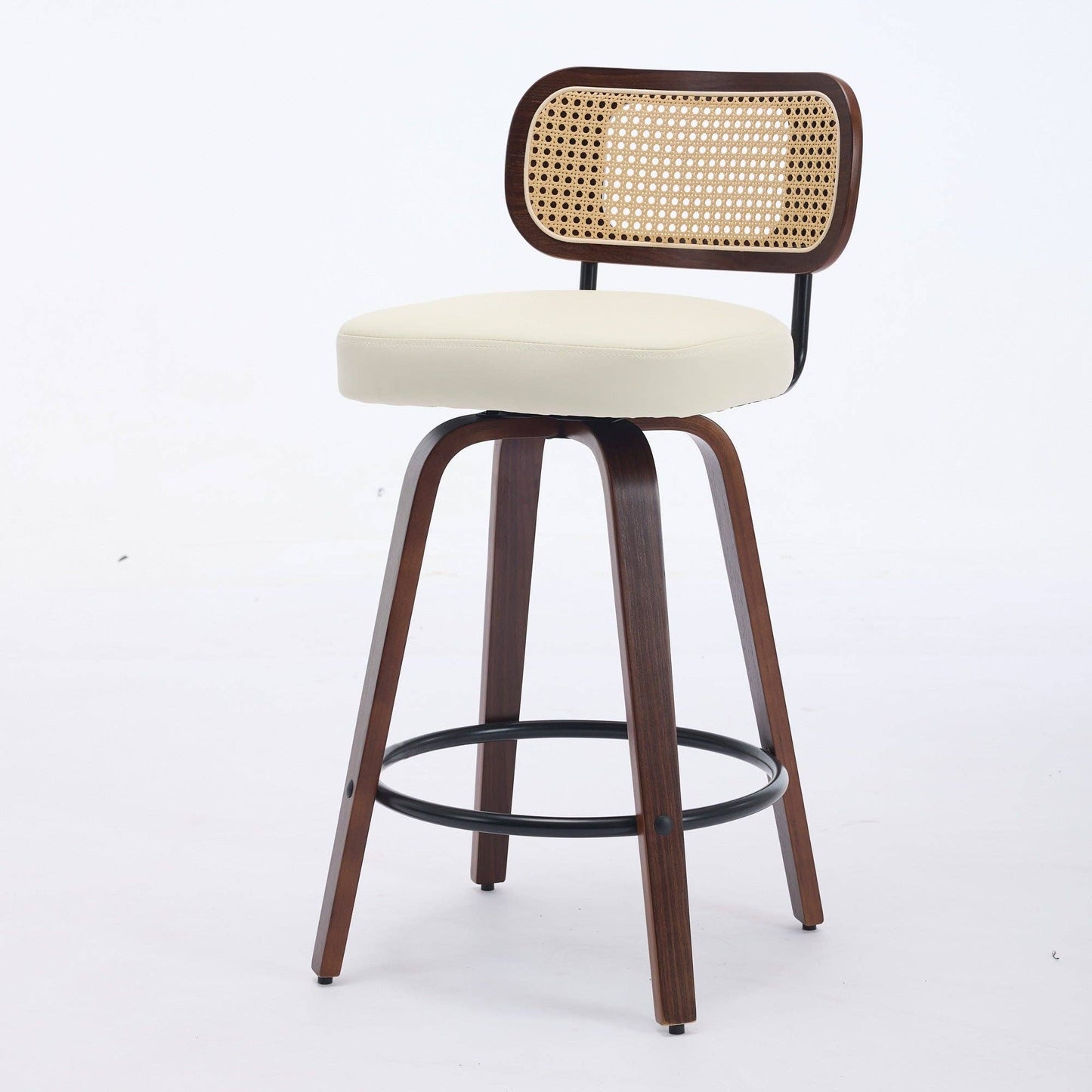 Set of 2 Beige 26 Inch Rattan Back Bar Stools Walnut: Default