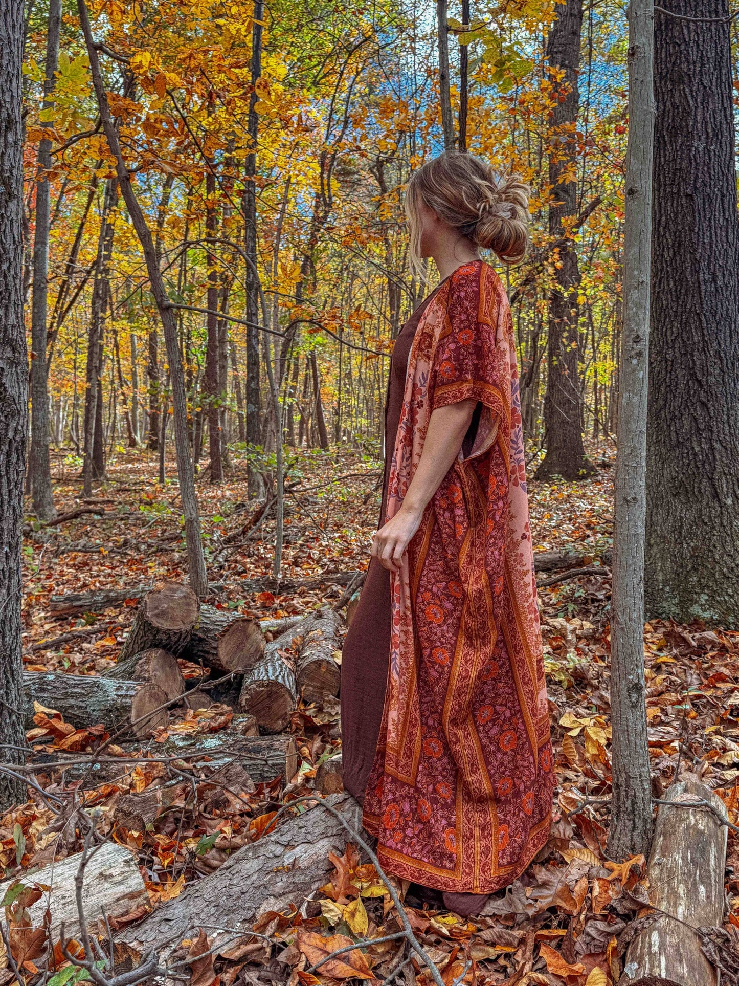 Fall Printed Long Duster Kimono, Floral Long Open Kimono: Muted Clay