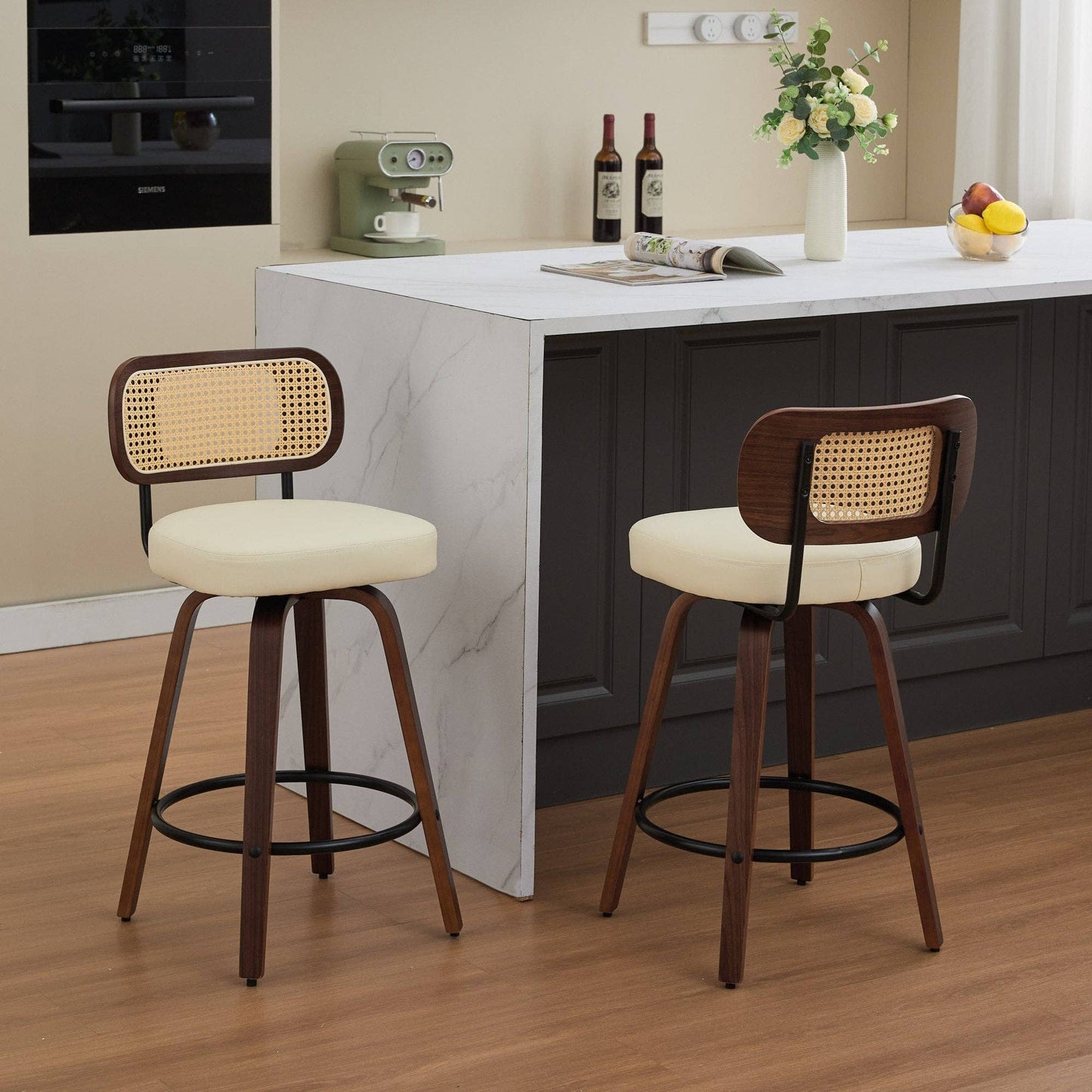 Set of 2 Beige 26 Inch Rattan Back Bar Stools Walnut: Default