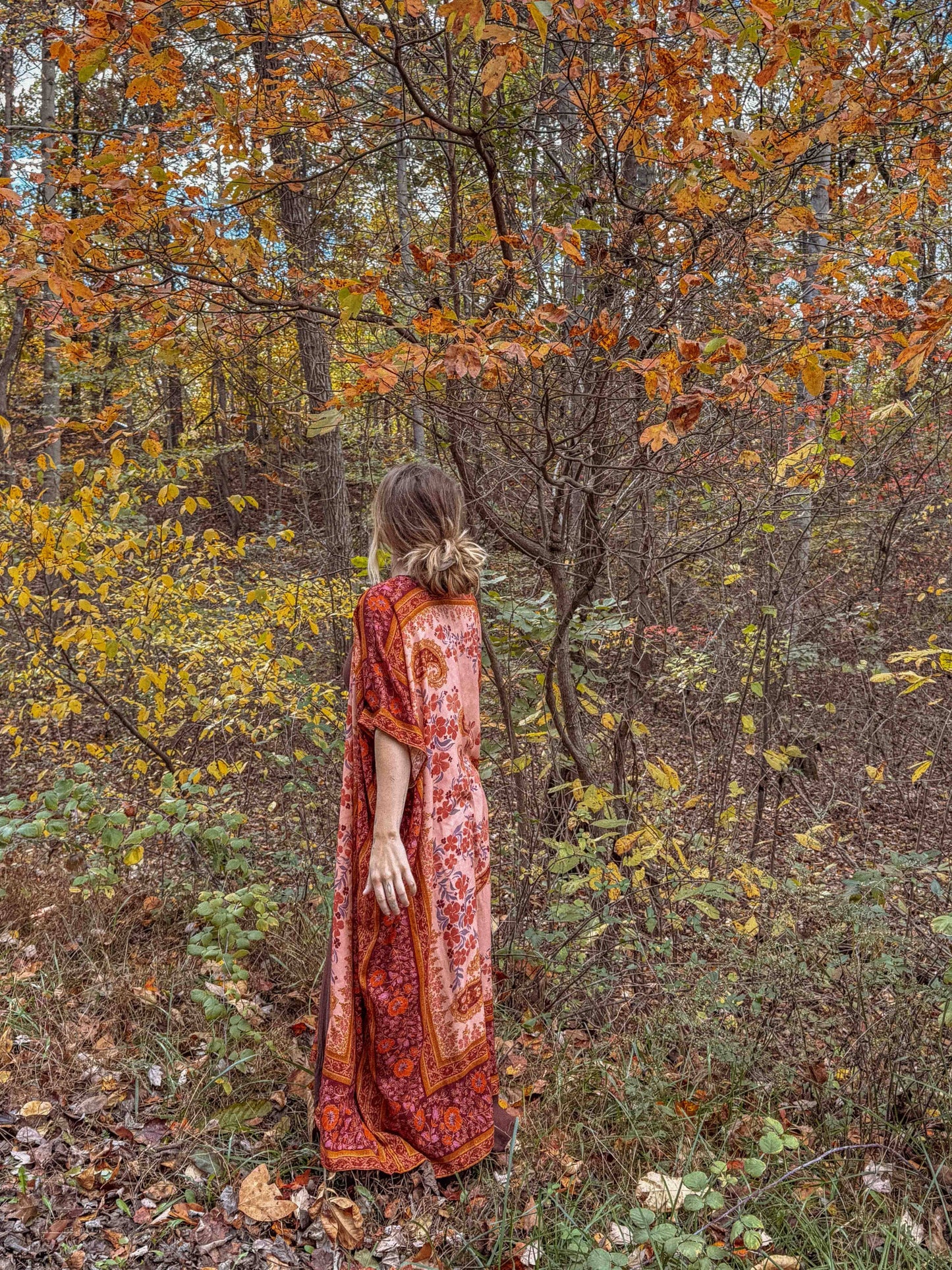 Fall Printed Long Duster Kimono, Floral Long Open Kimono: Muted Clay