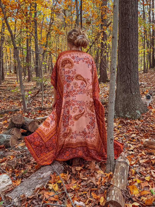 Fall Printed Long Duster Kimono, Floral Long Open Kimono: Muted Clay