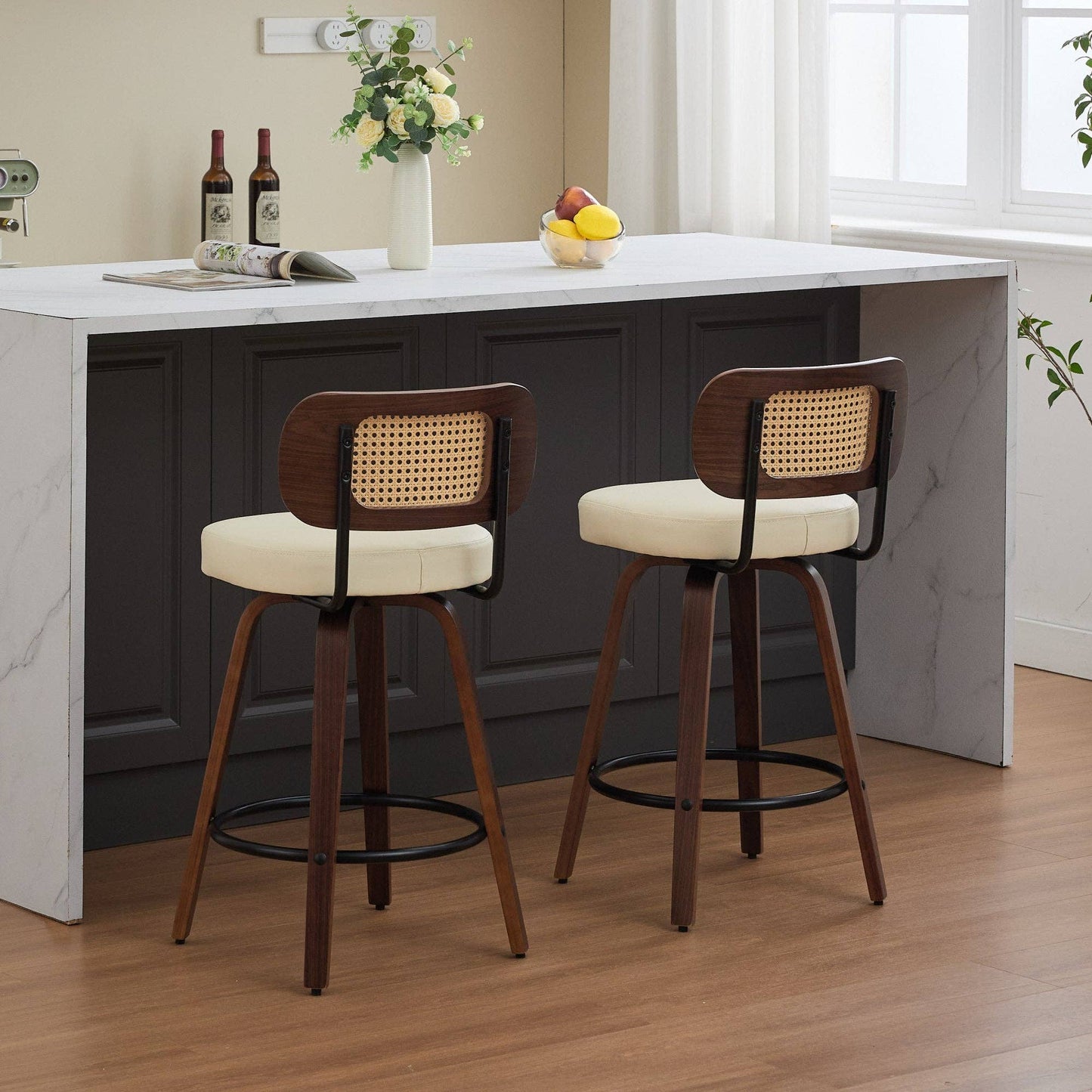 Set of 2 Beige 26 Inch Rattan Back Bar Stools Walnut: Default
